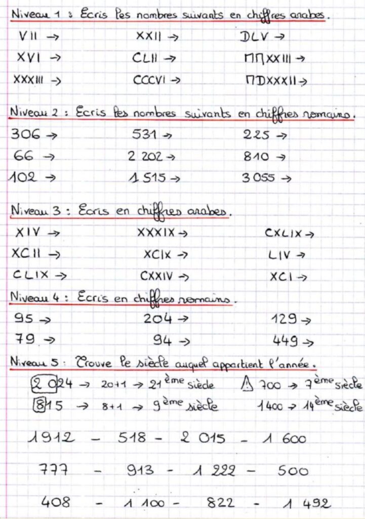 fiche d'exercices sur les chiffres romains