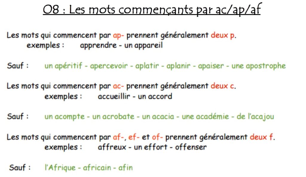 Leçon O8 sur les mots commençants par ac/ap/af