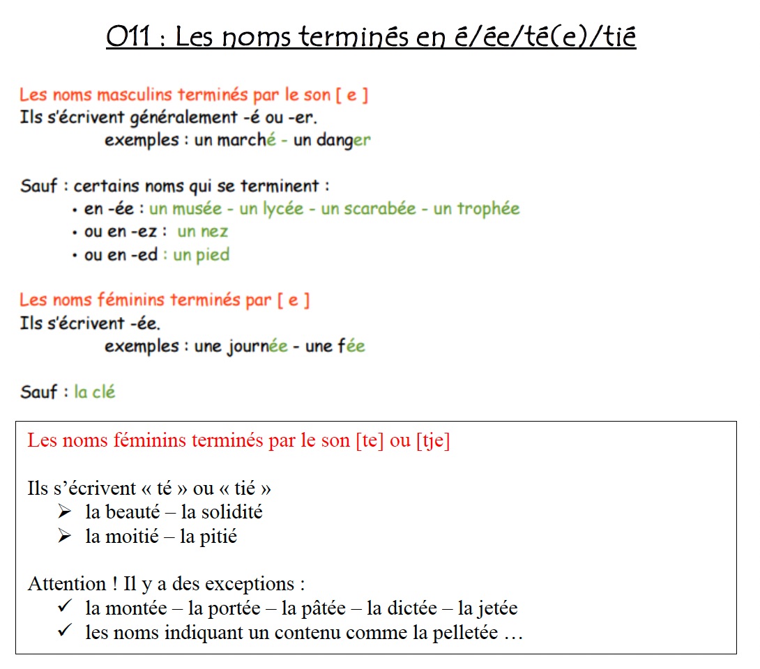 You are currently viewing Leçon Orthographe O11 : Les noms en é/ée/té/tée/tié