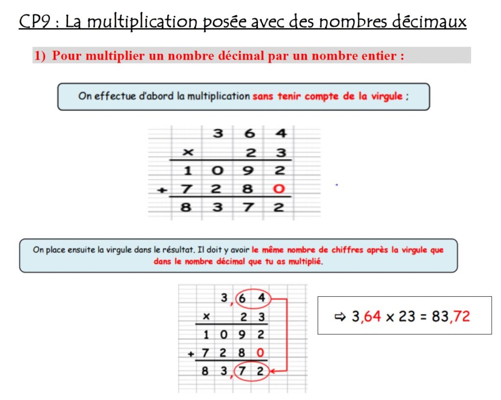 leçon sur la multiplication décimale