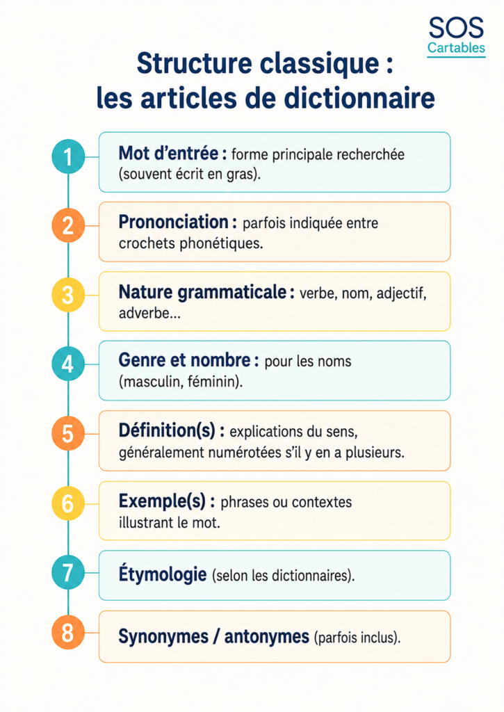 Schéma de la structure d'un article de dictionnaire, du mot d'entrée aux mots de la même famille