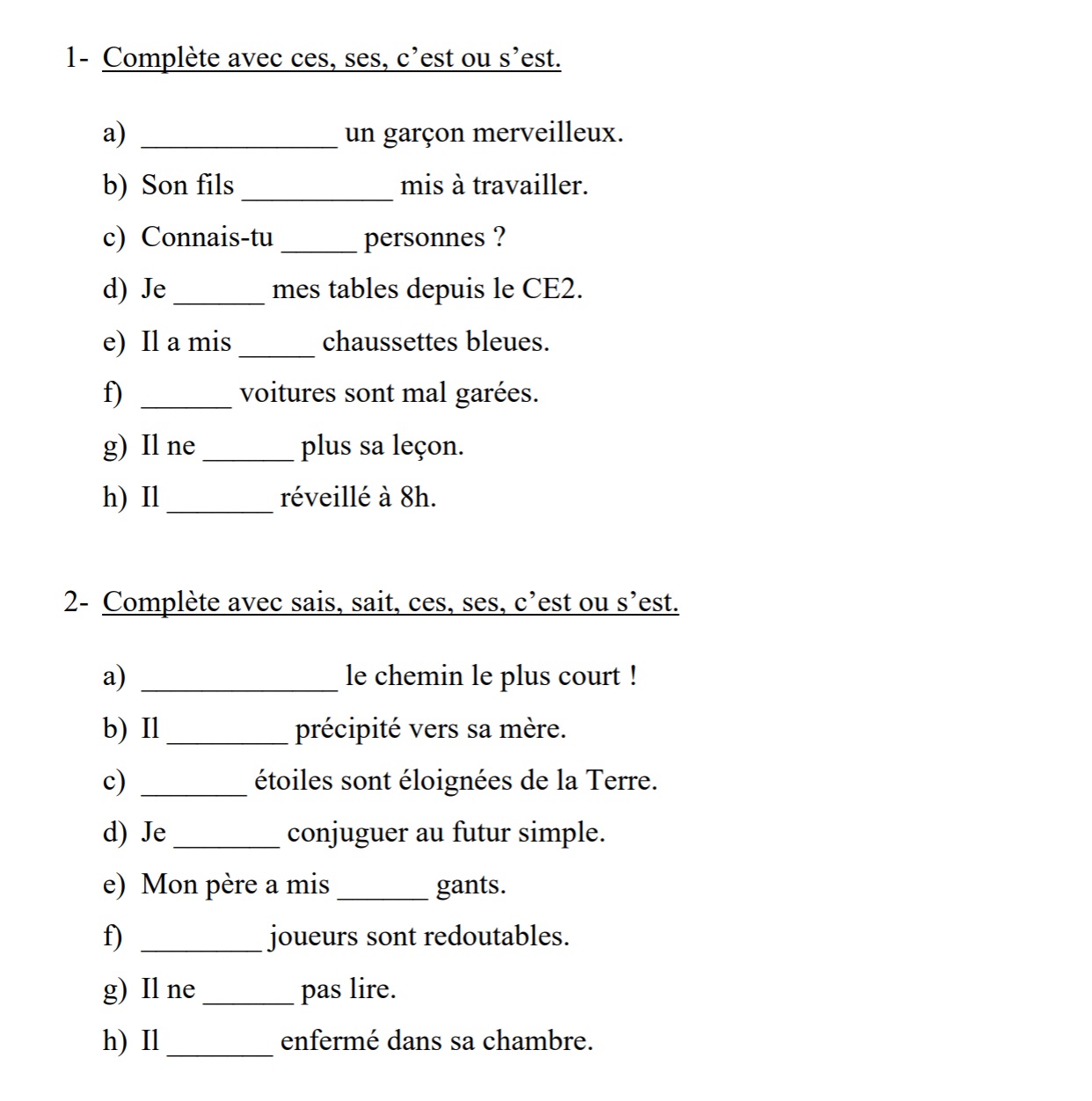 You are currently viewing HG8 Les homophones ces – ses – sais – sait – c’est – s’est : exercices Série 5