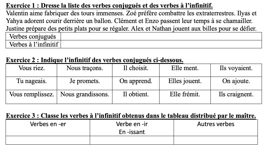Les verbes à l'infinitif