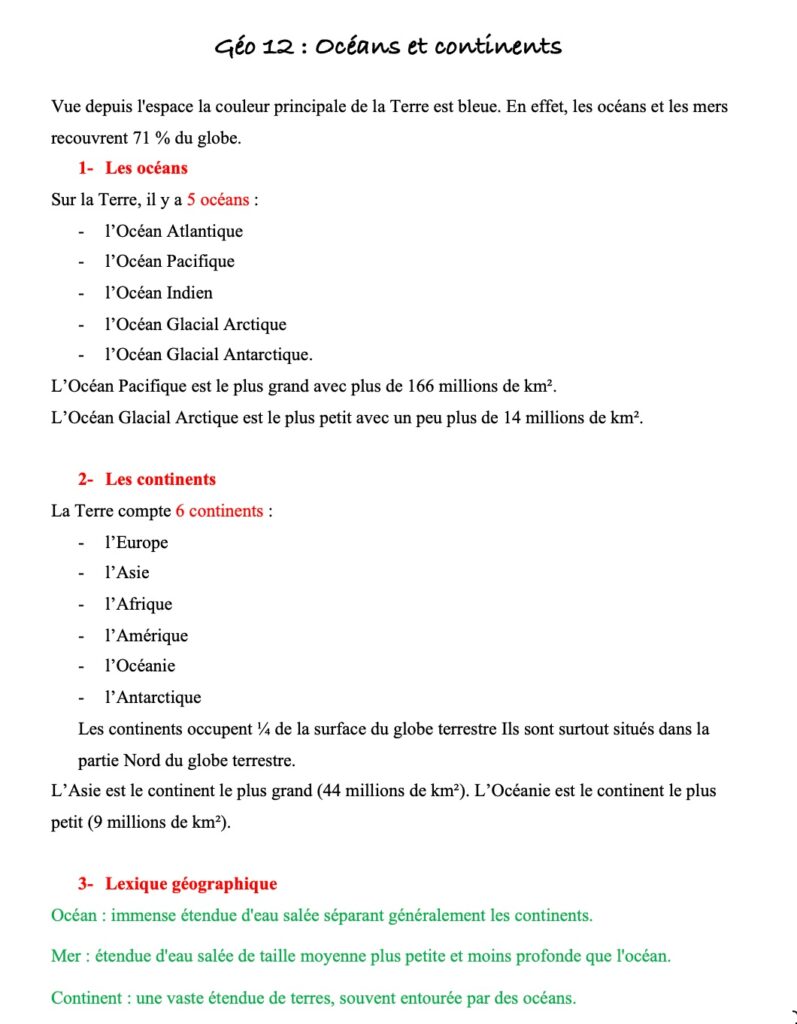 Leçon sur les continents et les mers
