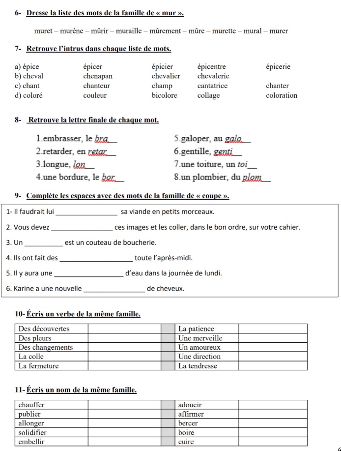 You are currently viewing V3 Les familles de mots : exercices Série 2