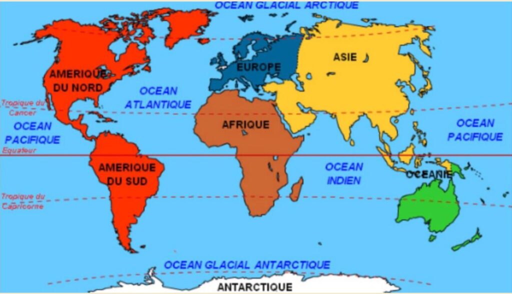 Carte des océans et des continents