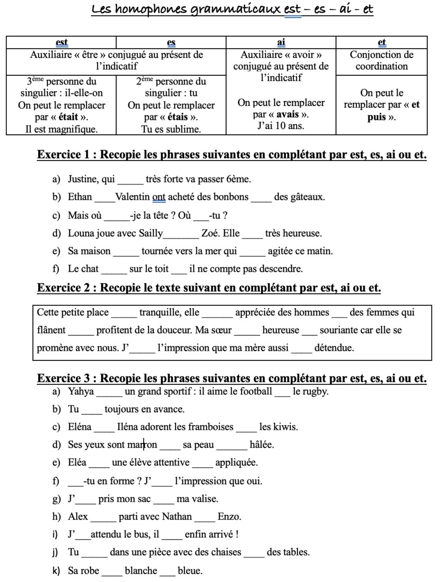 Lire la suite à propos de l’article HG2 Les homophones grammaticaux est-es-et-ai : Série 2