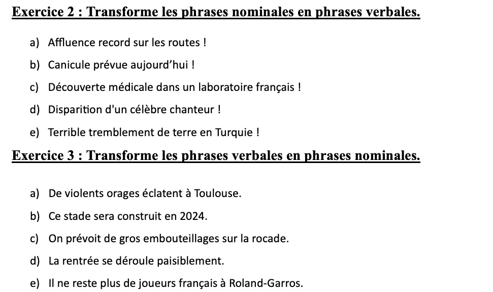 Exercices sur les phrases verbales et les phrases nominales