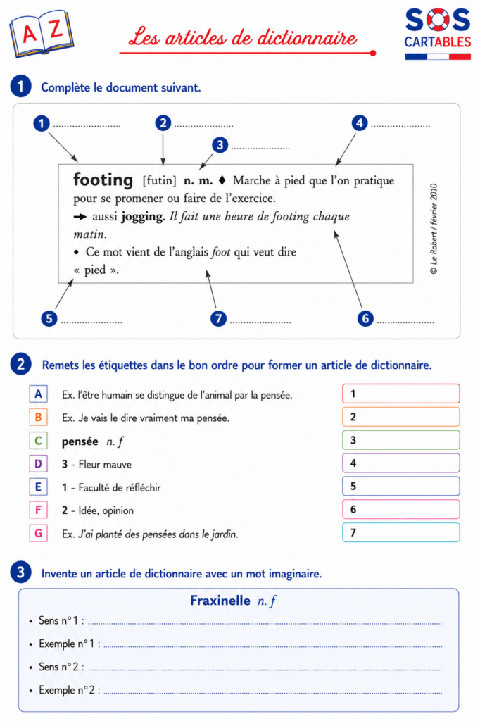 Fiche d'activité à télécharger pour remettre en ordre ou inventer un article de dictionnaire