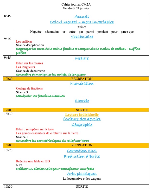 You are currently viewing Cahier journal du vendredi 24 janvier 2025