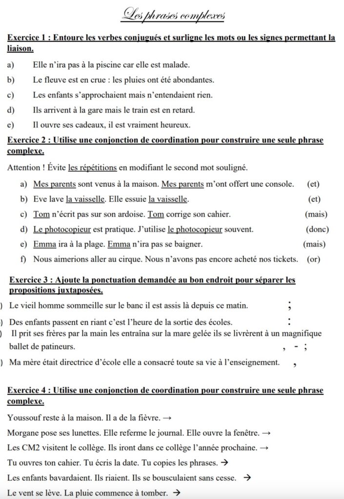 G7 Les phrases complexes : exercices d'application CM2 1 les phrases complexes CM2