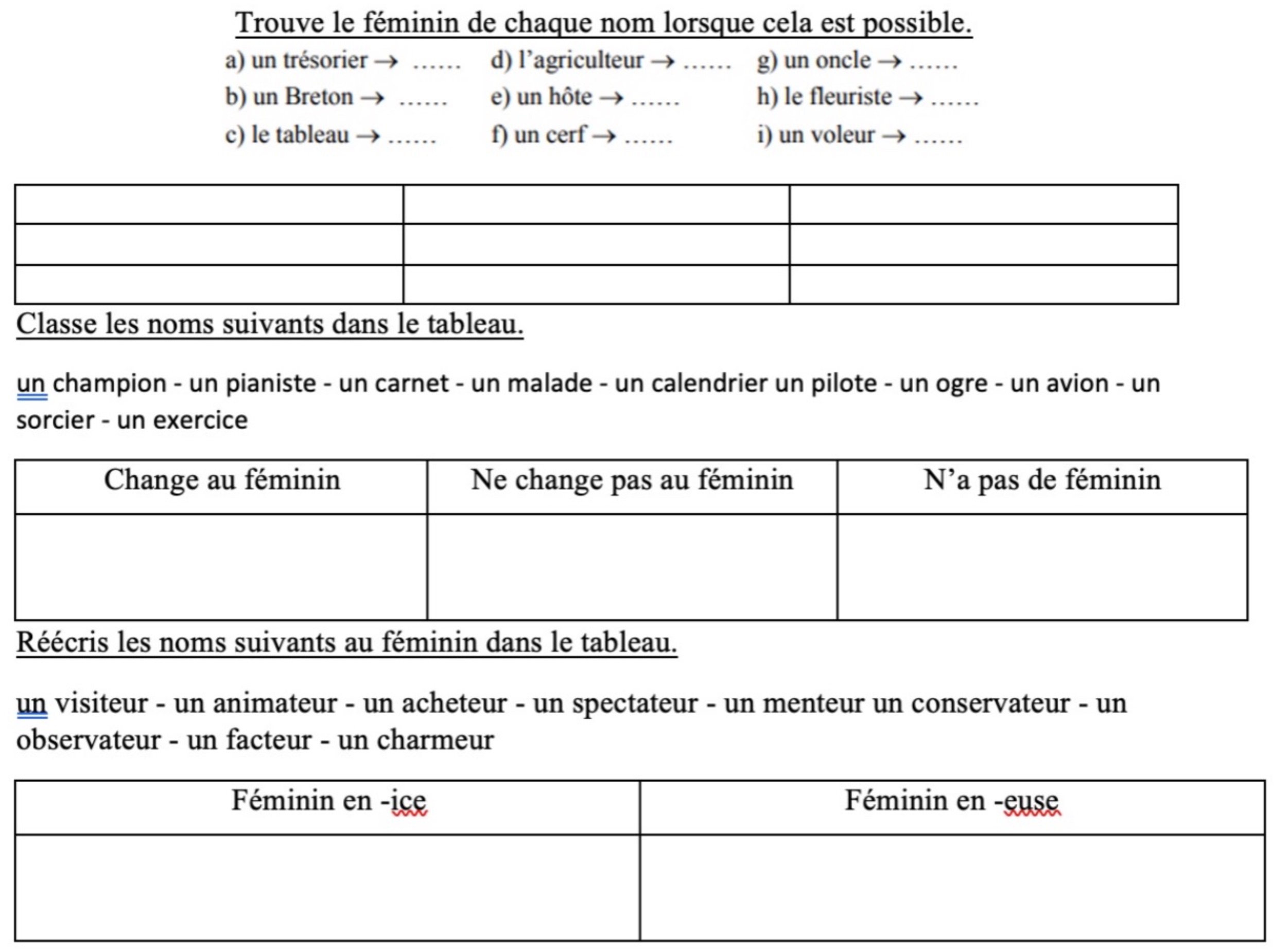 You are currently viewing O10 Le genre des noms, exercices Série 1