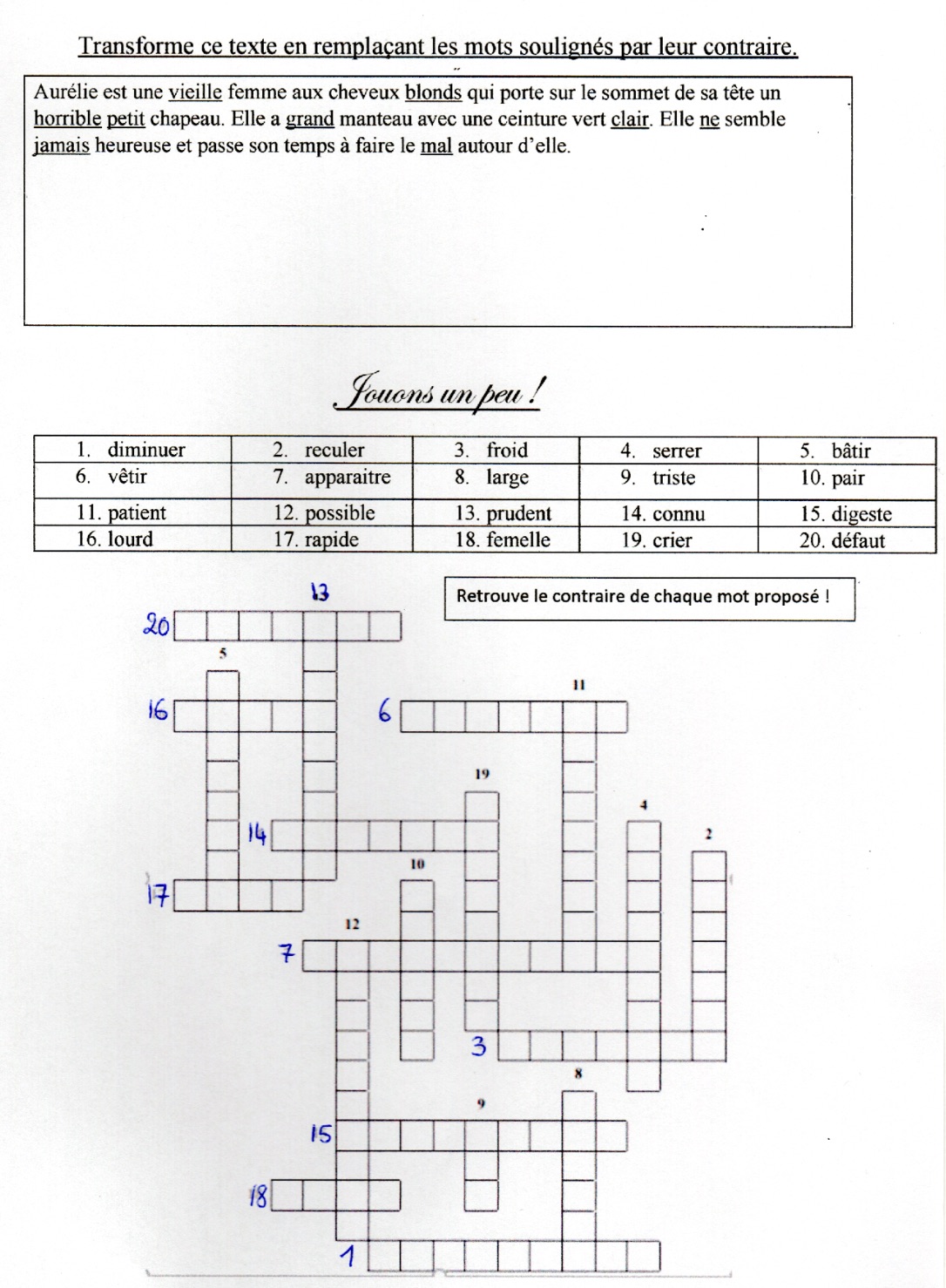 You are currently viewing V10 Les antonymes : exercices Série 4 (M Bonelli) + correction