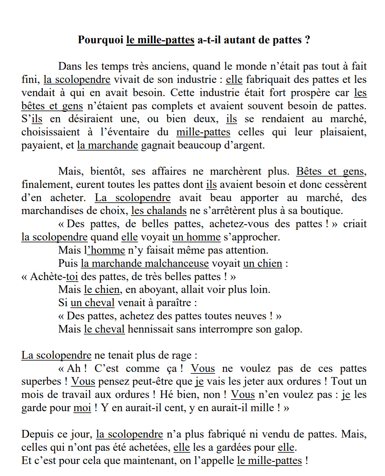 You are currently viewing CDO6 Contes des origines : Pourquoi le mille-pattes a-t-il autant de pattes? (travail sur les substituts)