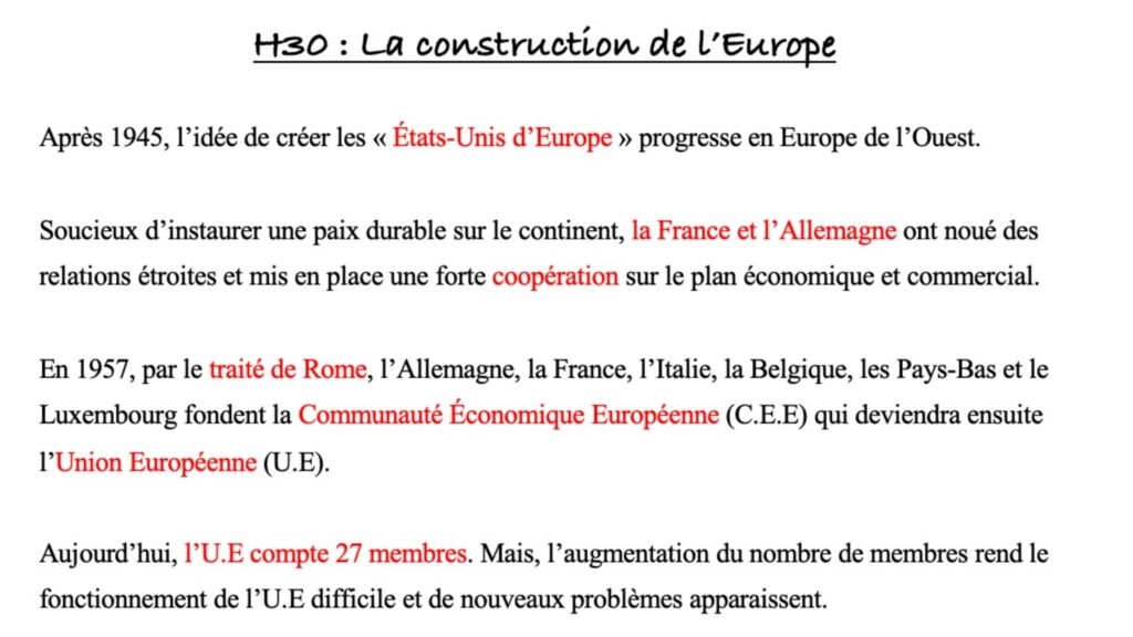 Leçon CM2 Histoire H30 La construction européenne 1 Leçon sur la construction européenne