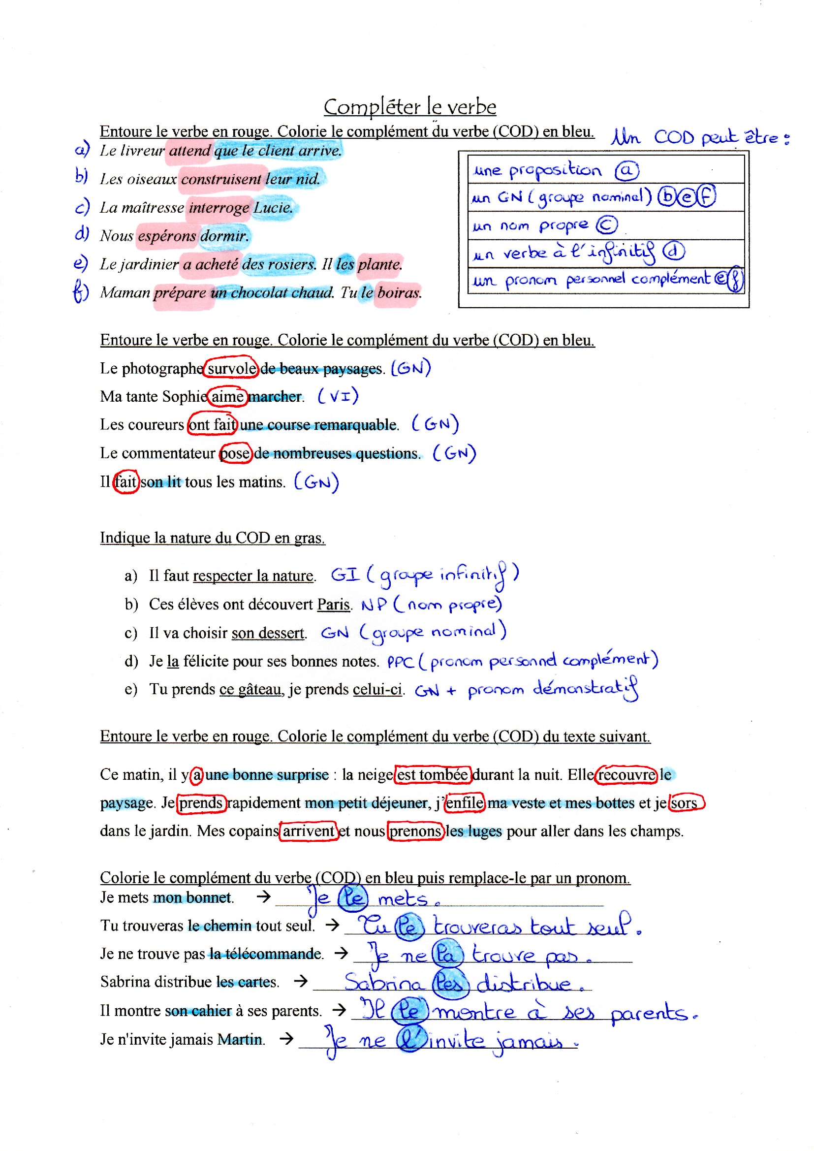 Lire la suite à propos de l’article G10 Les compléments d’objet direct COD : correction des exercices Série 1 (M Bonelli)