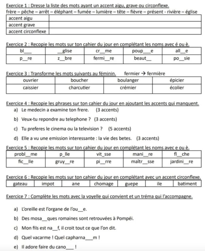 exercices sur les accents