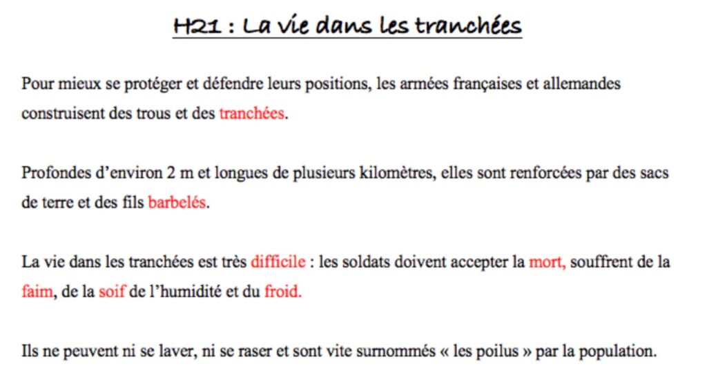 leçon sur la vie dans les tranchées