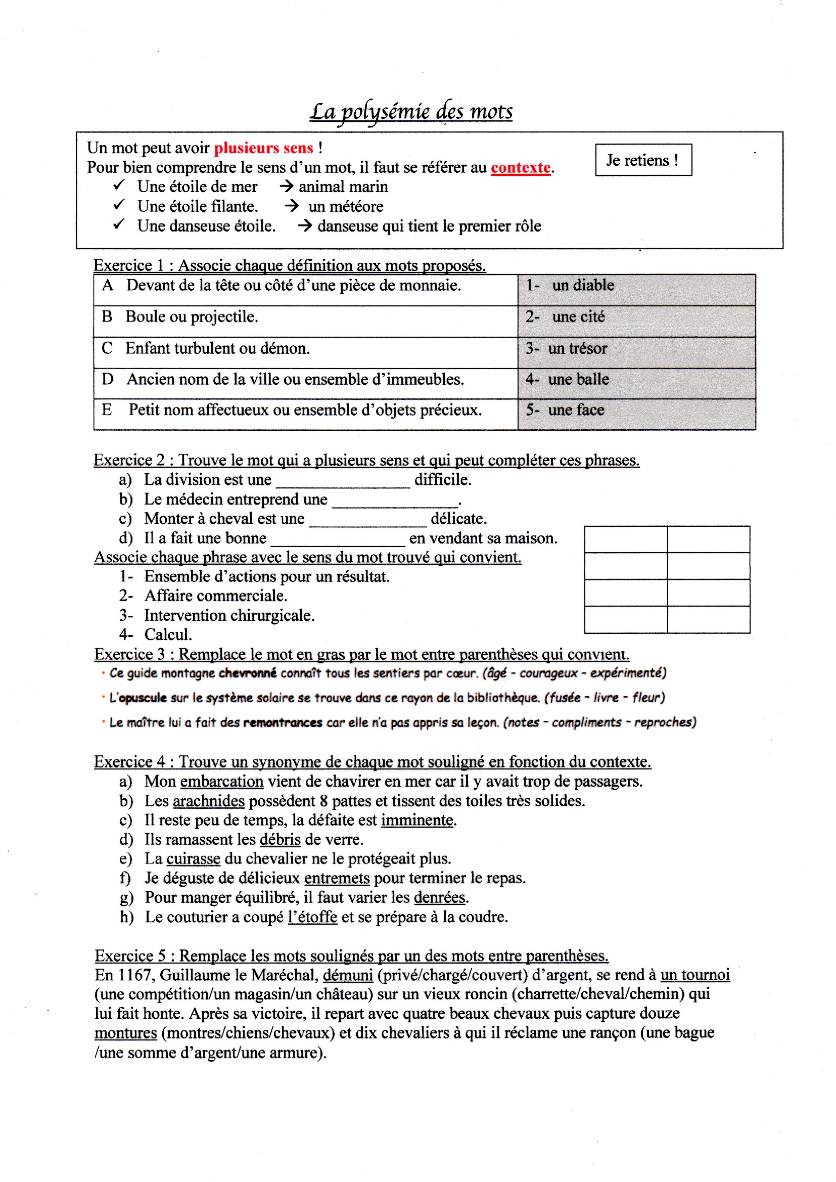 You are currently viewing V2 La polysémie des mots : exercices Série 2 + correction (M Bonelli)