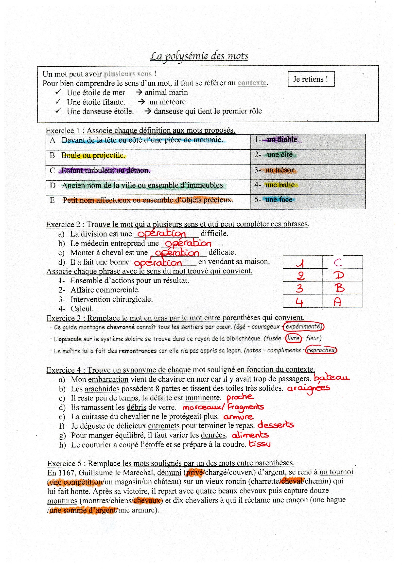 Polysemie Polysémie des mots : exercices d'application (1)