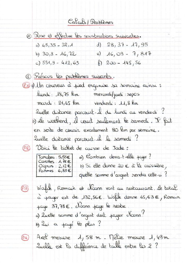 Exercice d'application sur les soustractions décimales