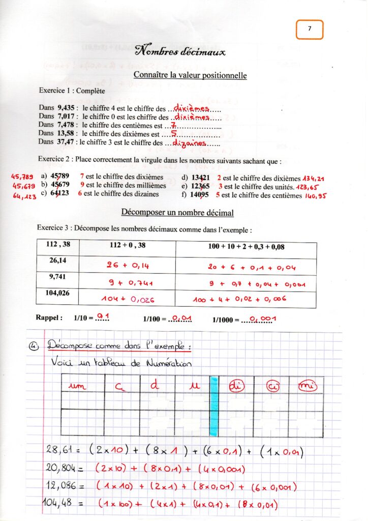 correction des exercices sur les nombres décimaux
