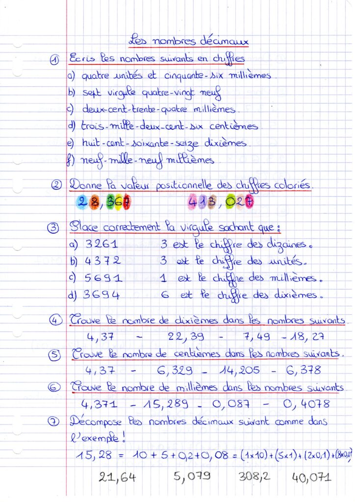 fiche d'exercices sur les nombres décimaux
