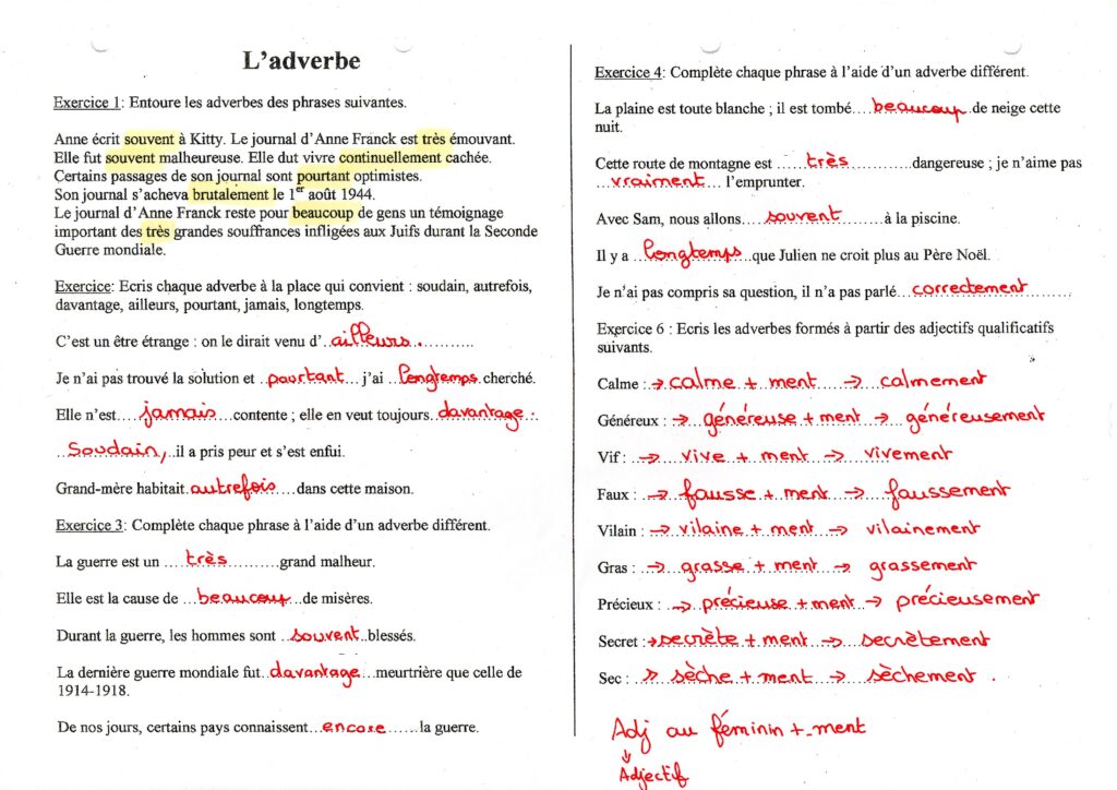 Correction des exercices sur les adverbes