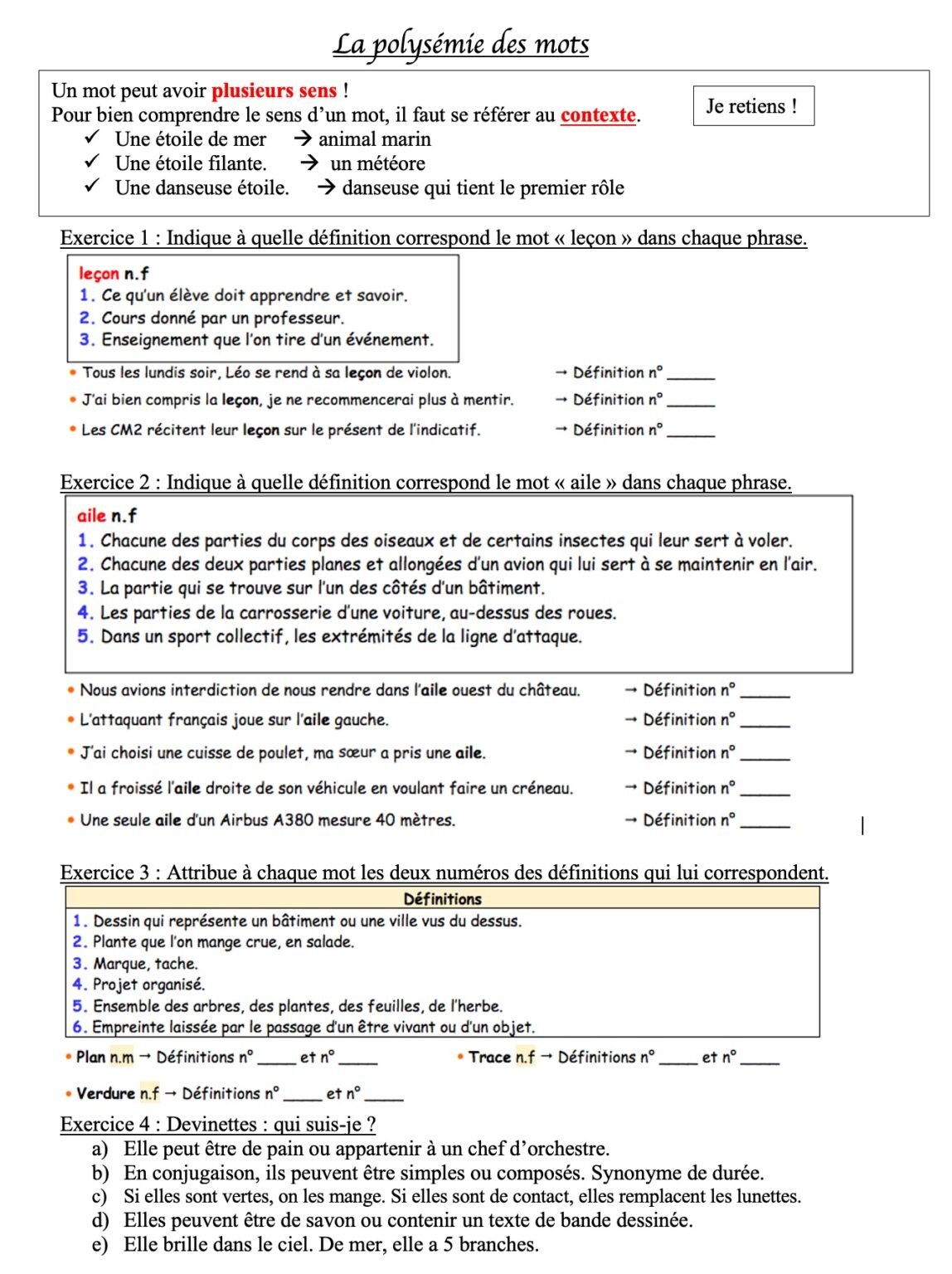 Polysemie Polysémie des mots : exercices d'application (1)