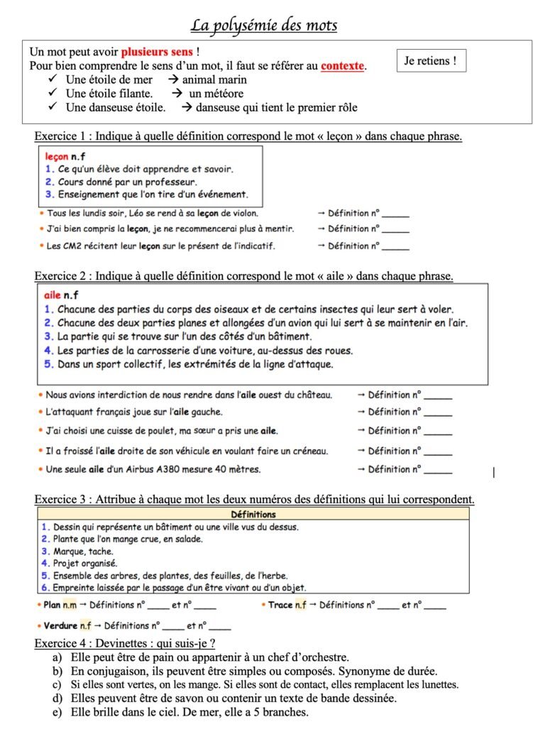 Polysemie Polysémie des mots : exercices d'application (1)