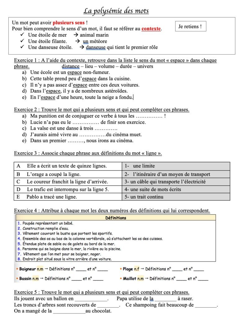 Polysemie Polysémie des mots : exercices d'application (1)