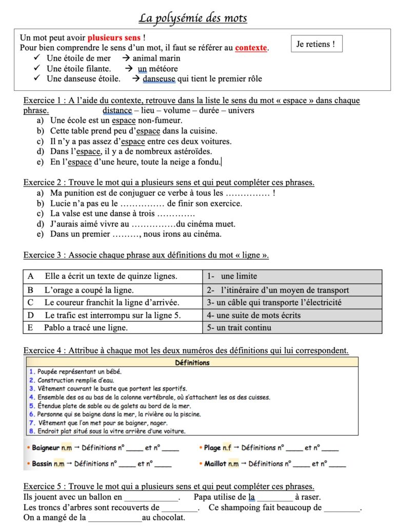 Exercices sur la polysémie des mots