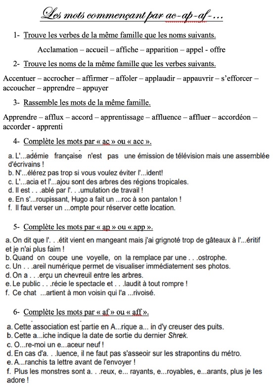 Fiche d'exercice sur les mots commençants par ac/ap/af