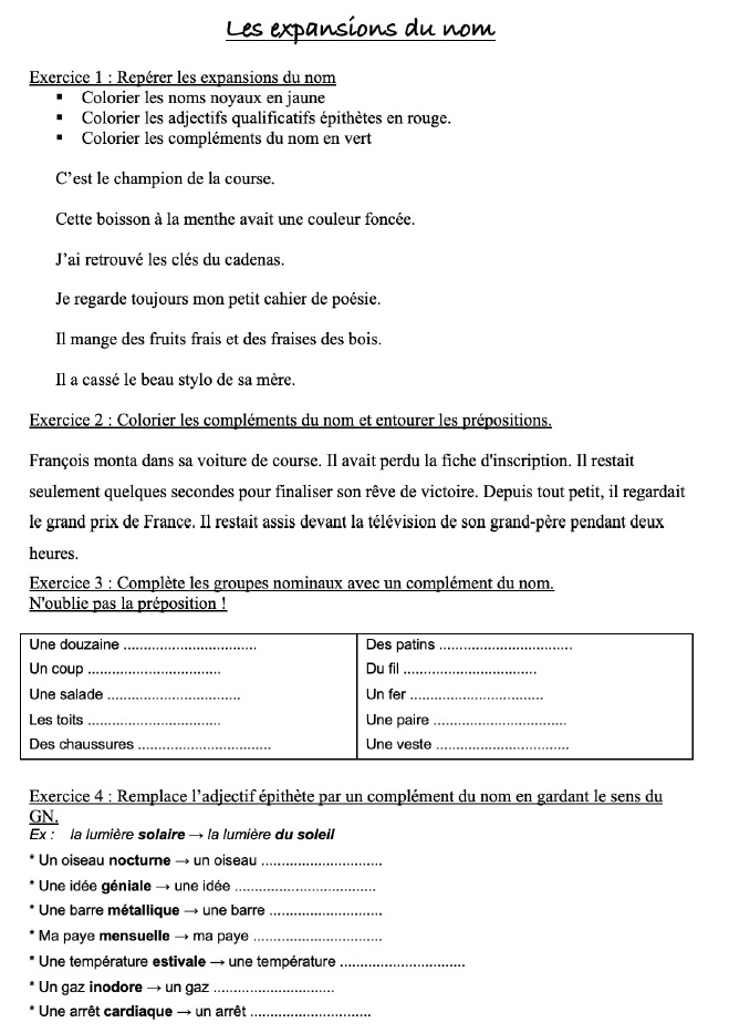 Exercice d'application sur les compléments du nom