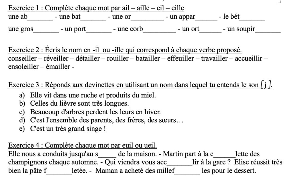 Fiche d'exercices Les mots en ail/eil/aille/euille