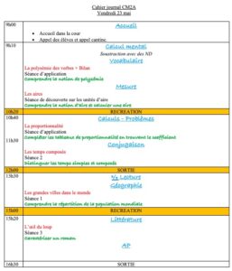 Lire la suite à propos de l’article Cahier journal CM2 du vendredi 23 mai 2025