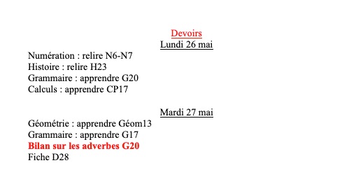 Lire la suite à propos de l’article Devoirs du lundi 26 au mardi 27 mai 2025