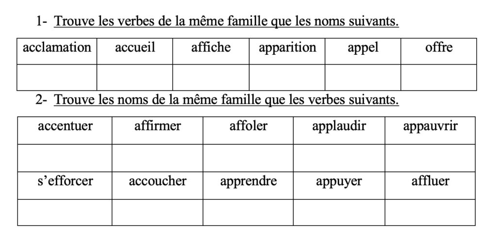 Exercice application sur les mots commençants par ac/ap/af