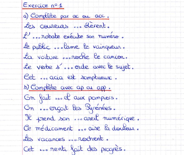 Exercice application sur les mots commençants par ac/ap/af