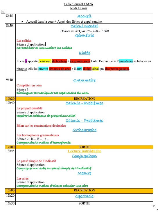 Lire la suite à propos de l’article Cahier journal CM2 du jeudi 15 mai 2025
