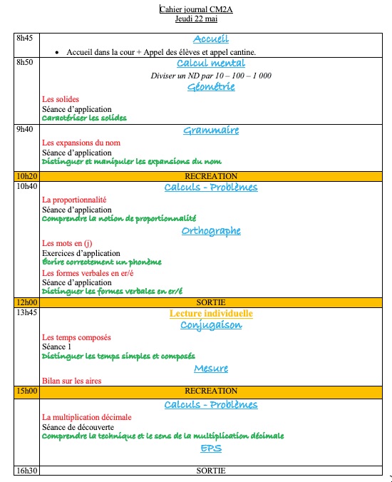 Lire la suite à propos de l’article Cahier journal CM2 du jeudi 22 mai 2025