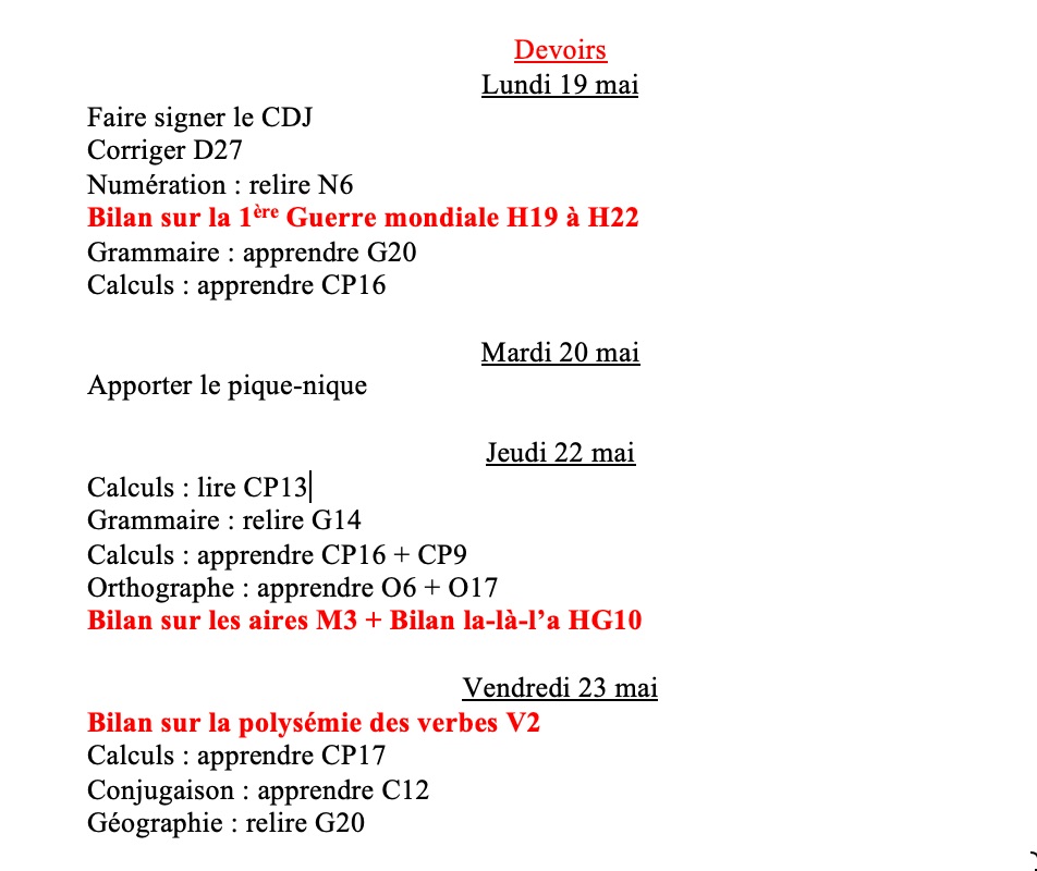 Lire la suite à propos de l’article Devoirs du lundi 19 au vendredi 23 mai 2025