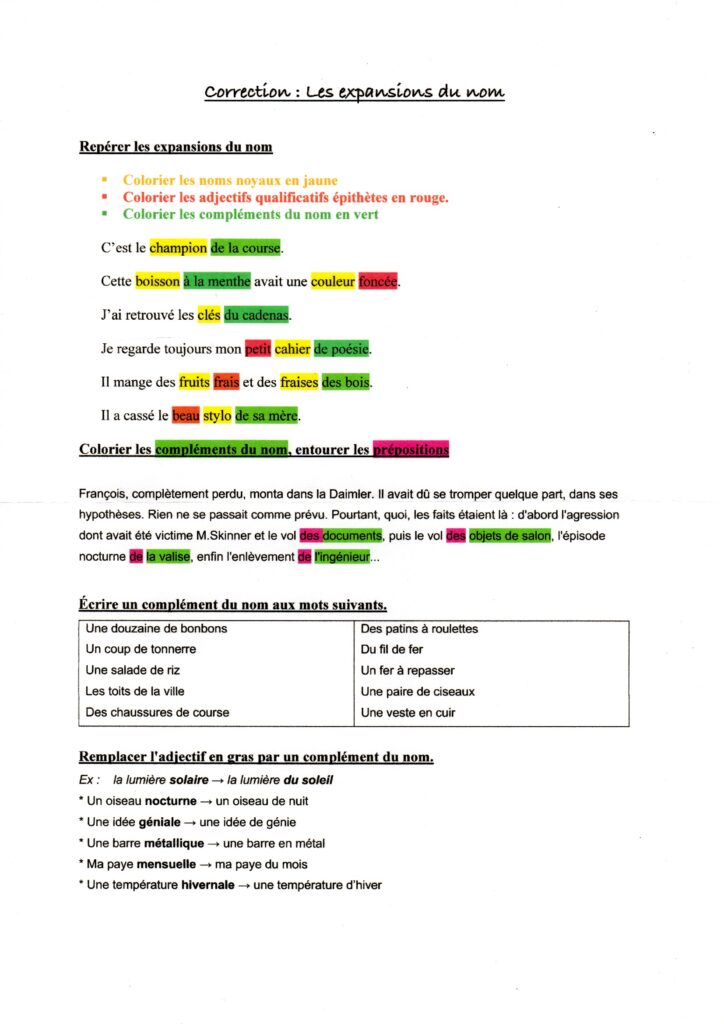 Correction des exercices application sur les compléments du nom