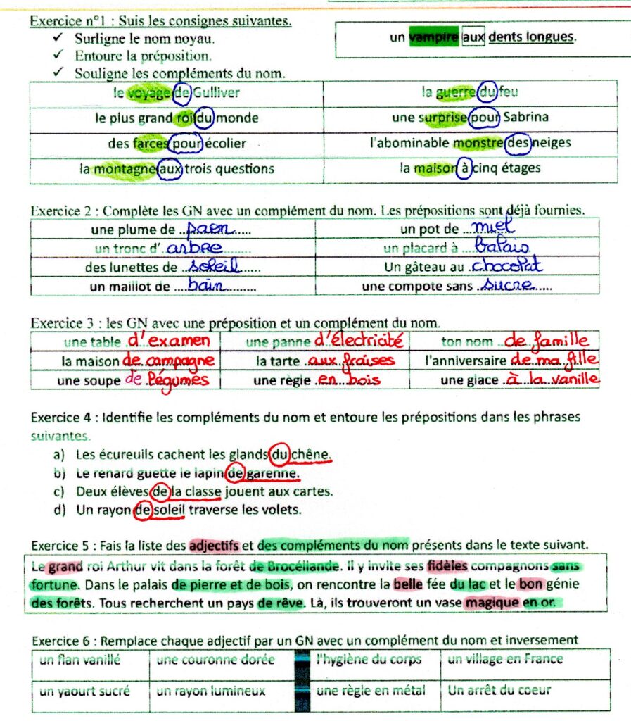 Correction des exercices sur le complément du nom