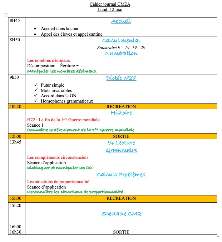 Lire la suite à propos de l’article Cahier journal CM2 du lundi 12 mai 2025
