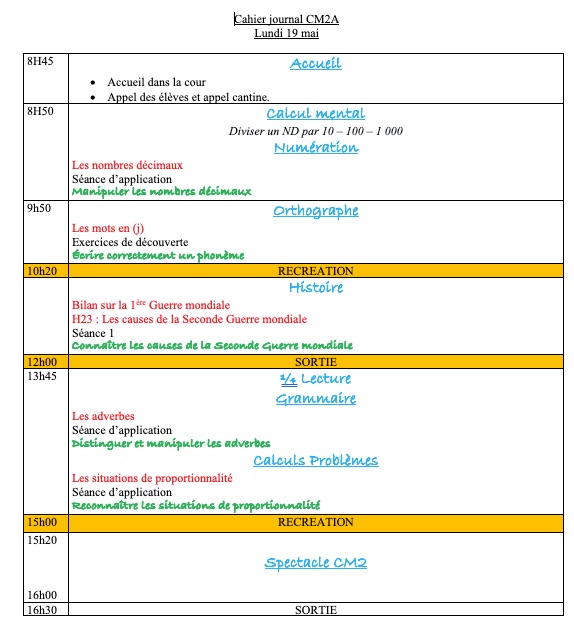Lire la suite à propos de l’article Cahier journal CM2 du lundi 19 mai 2025