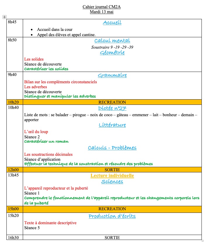 Lire la suite à propos de l’article Cahier journal CM2 du mardi 13 mai 2025