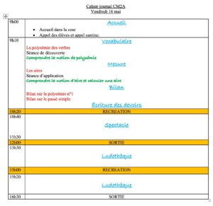 Lire la suite à propos de l’article Cahier journal CM2 du vendredi 16 mai 2025