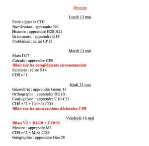 Lire la suite à propos de l’article Devoirs du lundi 12 au vendredi 16 mai 2025
