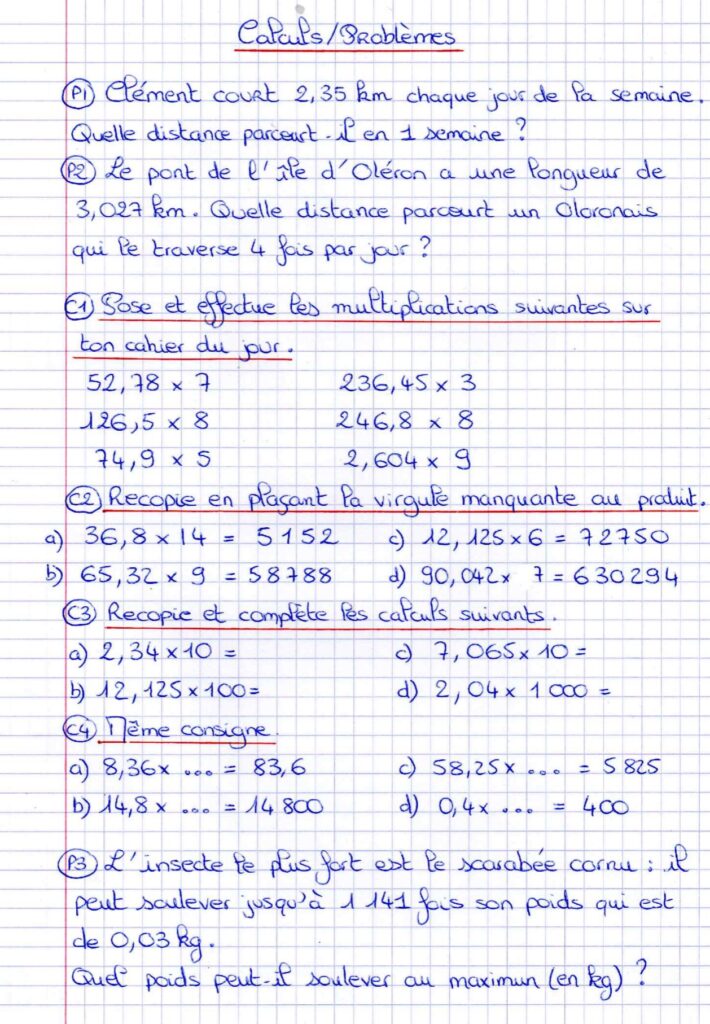 fiche d'exercices sur la multiplication décimale